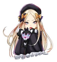 Rule 34 | 1girl, abigail williams (fate), bad id, bad pixiv id, beret, blue eyes, blush, bow, creatures (company), crossover, doll, eyeliner, fate/grand order, fate (series), game freak, gen 5 pokemon, gothorita, hair bow, hat, kyou (ningiou), long hair, looking at viewer, makeup, multiple hair bows, nintendo, open mouth, pokemon, pokemon (creature), simple background, sleeves past wrists, white background