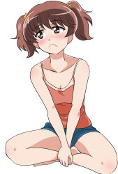 Rule 34 | 1girl, alisa (girls und panzer), barefoot, blue shorts, blush, breasts, brown eyes, brown hair, camisole, casual, cleavage, closed mouth, commentary, freckles, frown, full body, girls und panzer, hair ornament, half-closed eyes, highres, indian style, looking away, medium breasts, pink shirt, shirt, short hair, short shorts, short twintails, shorts, sitting, solo, star (symbol), star hair ornament, twintails, v arms, wakku kan