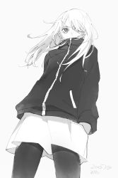 Rule 34 | 1girl, bad id, bad pixiv id, cowboy shot, dated, greyscale, hands in pockets, highres, hood, hoodie, jacket, long sleeves, looking at viewer, monochrome, original, pantyhose, signature, simple background, skirt, solo, teyuruun, track jacket, white background, zipper