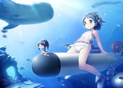 Rule 34 | 10s, 3girls, abyssal ship, black hair, blush, brown eyes, brown hair, bubble, child, coral, diving mask, diving mask on head, fish, fujishiro touma, goggles, goggles on head, gun, handgun, i-401 (kancolle), kantai collection, long hair, maru-yu (kancolle), mini person, minigirl, multiple girls, oarfish, ocean, octopus, one-piece swimsuit, open mouth, personification, pistol, ponytail, sailor collar, school swimsuit, short hair, short ponytail, smile, sunlight, swimsuit, torpedo, underwater, weapon, whale shark, white one-piece swimsuit, white school swimsuit, wo-class aircraft carrier