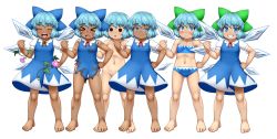 Rule 34 | 1girl, barefoot, blue bow, blue dress, blue eyes, blue hair, blush, bow, breasts, brown footwear, burnt clothes, cirno, clenched hand, collared shirt, d.koutya, dress, green bow, hair bow, ice, ice wings, navel, neck ribbon, no hair bow, nude, open mouth, pinafore dress, puffy short sleeves, puffy sleeves, red ribbon, ribbon, shirt, shoes, short dress, short hair, short sleeves, simple background, sleeveless dress, small breasts, smile, socks, solo, standing, tachi-e, tan, tanned cirno, torn clothes, touhou, white background, white shirt, white socks, wings