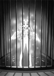 Rule 34 | 1girl, angel wings, barefoot, censored, collarbone, completely nude, feathered wings, feathers, filo (tate no yuusha no nariagari), full body, greyscale, hair censor, hair intakes, hair over breasts, long hair, looking at viewer, minami seira, monochrome, navel, novel illustration, nude, official art, outstretched arm, outstretched hand, reaching, solo, tate no yuusha no nariagari, very long hair, wings