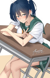 Rule 34 | 1girl, alternate costume, blue eyes, blue hair, blush, breasts, collarbone, desk, green skirt, highres, kantai collection, large breasts, looking at viewer, medium hair, one-hour drawing challenge, pallad, pleated skirt, sailor collar, school desk, school uniform, shirt, simple background, sitting, skirt, solo, souryuu (kancolle), twintails, v, white background, white shirt
