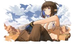 Rule 34 | 1girl, ahoge, arknights, bare shoulders, blue eyes, blue gloves, blue hair, blunt bangs, breasts, brown hair, brown pants, cleavage, closed mouth, cloud, cloudy sky, commentary, crop top, day, dpea9, earrings, eunectes (arknights), eunectes (forgemaster) (arknights), gloves, gradient hair, highres, jewelry, knees up, large breasts, looking afar, multicolored hair, navel, official alternate costume, one side up, outdoors, pants, pointy ears, short hair, sitting, sky, sleeveless, snake tail, solo, stomach, sweat, symbol-only commentary, tail, underboob