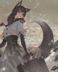 Rule 34 | 1girl, absurdres, animal ears, black dress, black hair, building, buttons, cowboy shot, dress, ear piercing, english text, fox ears, fox girl, fox tail, highres, holding, holding suitcase, jung wonjo, lips, long hair, looking at viewer, original, piercing, snow, solo, suitcase, tail, town, two-tone dress, white dress