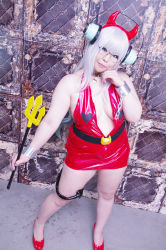 Rule 34 | 1girl, asian, bat wings, blue eyes, breasts, chain, cleavage, cosplay, cuffs, curvy, demon girl, demon tail, fake horns, fat, fork, glasses, halloween costume, headphones, heart, highres, horns, jewelry, keito (cosplayer), long hair, looking at viewer, low wings, pendant, photo (medium), plump, shackles, silver hair, solo, super taruco, super taruco (cosplay), tail, wings, wrist cuffs