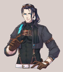 Rule 34 | 1boy, ahoge, alternate costume, black hair, blue eyes, brown gloves, chest strap, closed mouth, commentary request, fate/grand order, fate (series), gloves, goggles, jacket, long hair, long sleeves, looking at viewer, male focus, nikola tesla (fate), ponytail, smile, suspenders, zanshi