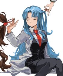 Rule 34 | 115 koubunshi, 2girls, angela (project moon), black pantyhose, black skirt, black vest, blue hair, carmen (project moon), closed eyes, closed mouth, coat, high ponytail, highres, holding hair tie, lab coat, lobotomy corporation, long hair, long sleeves, multiple girls, one side up, pantyhose, parted bangs, pencil skirt, project moon, sidelocks, simple background, sitting, skirt, smile, untying hair, very long hair, vest, white background, white coat, wing collar