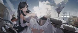 Rule 34 | 1girl, animal ears, atago (azur lane), azur lane, bird, black hair, breasts, brown eyes, cleavage, clothes lift, cloud, cloudy sky, commentary, cowboy shot, day, dress, english commentary, extra ears, hair ribbon, highres, large breasts, lifting own clothes, machinery, mole, mole under eye, outdoors, pandea work, panties, ribbon, seagull, shipyard, skirt, skirt lift, sky, smile, solo, swept bangs, title, turret, underwear, white dress, white panties, white ribbon