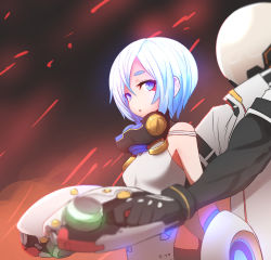Rule 34 | 1boy, 1girl, bare shoulders, blue eyes, blue hair, blurry, blurry foreground, bodysuit, breasts, commentary request, depth of field, eyeshadow, hair between eyes, helmet, highres, looking at viewer, magi (overturn), makeup, no nose, overturn, short hair, small breasts, sumiyao (amam)
