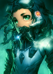 Rule 34 | androgynous, black hair, bodysuit, gender request, goggles, green eyes, dreadlocks, highres, looking at viewer, mask, original, saejin oh, signature, solo, upper body