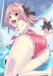 Rule 34 | 1boy, androgynous, ass, astolfo (fate), bare shoulders, barefoot, bikini, blush, bow, braid, bulge, fang, fate/apocrypha, fate/grand order, fate (series), from behind, from below, hair bow, highres, huge ass, innertube, long hair, looking at viewer, looking back, looking down, male focus, multicolored hair, open mouth, pink hair, purple eyes, shimson, shiny clothes, shiny skin, single braid, smile, solo, swim ring, swimsuit, trap, two-tone hair, umbrella, very long hair, white hair