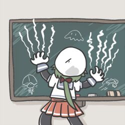 Rule 34 | 1girl, black pantyhose, blue sailor collar, board eraser, chalk, chalkboard, chalkboard scraping, feet out of frame, ferret-san, from behind, green hair, hat, horseshoe crab, jellyfish, kantai collection, layered sleeves, long sleeves, low ponytail, noumi (kancolle), pantyhose, red skirt, sailor collar, sailor hat, sailor shirt, scratching, shirt, short over long sleeves, short sleeves, skirt, solo, white hat