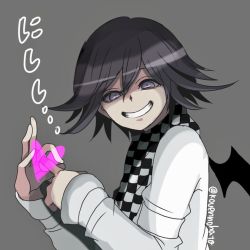 Rule 34 | 10s, 1boy, annyu, bad id, bad twitter id, black hair, checkered clothes, checkered scarf, danganronpa (series), danganronpa v3: killing harmony, gesture, grey background, grin, heart, looking at viewer, male focus, oma kokichi, penetration gesture, purple eyes, scarf, sexually suggestive, short hair, simple background, smile, solo, straitjacket, twitter username, upper body