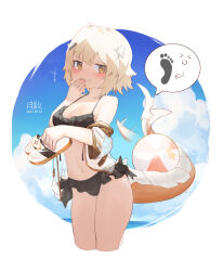 Rule 34 | +++, 1girl, absurdres, alchemy stars, ball, beachball, bikini, black bikini, blonde hair, blush, breasts, cloud, crop top, dated, day, frilled bikini, frills, hair between eyes, hand to own mouth, highres, holding, holding clothes, holding footwear, jacket, looking at viewer, medium breasts, open clothes, open jacket, orange eyes, outdoors, see-through, see-through jacket, short hair, signature, sky, solo, swimsuit, tail, tsukibara, vice (alchemy stars), vice (ray of sunshine) (alchemy stars)