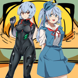 Rule 34 | 2girls, 3girls, ayanami rei, ayanami rei (cosplay), black bodysuit, black survival, blonde hair, blue bow, blue eyes, blue hair, blue skirt, blue vest, blush, bodysuit, bow, braid, breasts, closed mouth, commentary request, cosplay, crossover, emma hardy, evangelion: 3.0 you can (not) redo, feet out of frame, hair bow, headgear, highres, interface headset, kurodani yamame, large breasts, long hair, looking at viewer, medium breasts, multiple girls, neck ribbon, neon genesis evangelion, one side up, open mouth, pilot suit, plugsuit, rebuild of evangelion, red eyes, red ribbon, ribbon, rinyamame, science fiction, shirt, short hair, skirt, smile, touhou, twin braids, vest, white shirt