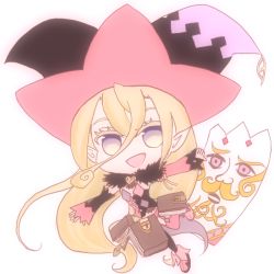 Rule 34 | 1girl, blonde hair, book, card, detached sleeves, feather boa, hat, long hair, magilou (tales), open mouth, panties, pink eyes, pointy ears, purple eyes, shoes, tales of (series), tales of berseria, thighhighs, underwear, witch hat