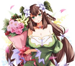 Rule 34 | 1girl, bare shoulders, blush, bouquet, braid, braided hair rings, breasts, brown hair, cleavage, dress, fiore (sennen sensou aigis), flower, flower necklace, green dress, green eyes, hair flower, hair ornament, hair rings, head tilt, highres, jewelry, large breasts, leaf, long hair, looking at viewer, necklace, parted lips, petals, ribbon, rose, runaru, sennen sensou aigis, solo, twin braids, very long hair