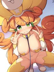 Rule 34 | 1girl, artist name, bandaid, bandaid on pussy, blush, boots, breasts, closed mouth, curly hair, double v, green eyes, highres, kai (nyanko daisensou), large breasts, leash, long hair, looking at viewer, navel, nyanko daisensou, orange hair, solo, squatting, tears, thighhighs, twin-7646, v, white footwear, yellow thighhighs