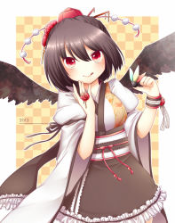 Rule 34 | 1girl, :p, adapted costume, bad id, bad pixiv id, black hair, black wings, blush, female focus, flower, hair flower, hair ornament, hat, japanese clothes, jewelry, kimono, looking at viewer, obi, red eyes, ring, sanotsuki, sash, shameimaru aya, short hair, skirt, smile, solo, tokin hat, tongue, tongue out, touhou, wings