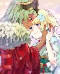 Rule 34 | 2girls, blonde hair, blue eyes, blush, closed mouth, commentary request, dark-skinned female, dark skin, earrings, fire emblem, fire emblem heroes, fjorm (fire emblem), fjorm (new year) (fire emblem), flower, fur trim, green hair, hair flower, hair ornament, hand on another&#039;s face, japanese clothes, jewelry, kimono, laegjarn (fire emblem), laegjarn (new year) (fire emblem), multiple girls, nintendo, obi, red eyes, sakuramotikun, sash, short hair, smile, yuri