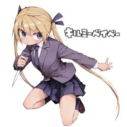 Rule 34 | 1girl, black necktie, black skirt, black socks, blonde hair, blue eyes, blush, brown footwear, closed mouth, collared shirt, commentary, copyright name, hair between eyes, hair ribbon, highres, holding, holding knife, jacket, kill me baby, knife, loafers, long hair, long sleeves, necktie, pleated skirt, ribbon, school uniform, shirt, shoes, simple background, skirt, socks, solo, sonya (kill me baby), twintails, very long hair, white background, white shirt, yachima tana