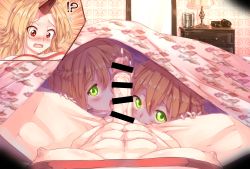 Rule 34 | !?, 1futa, 2girls, abs, bar censor, blonde hair, braid, breasts, censored, chest of drawers, clone, clothes lift, commentary request, cooperative fellatio, desk lamp, fellatio, futa with female, futanari, futanari pov, green eyes, hair between eyes, highres, horns, hoshiguma yuugi, indoors, lamp, large breasts, licking, licking penis, long hair, looking at another, looking at viewer, mizuhashi parsee, multiple girls, muscular, muscular female, nipples, open mouth, oral, penis, phone, pov, pov crotch, red eyes, shirt, shirt lift, single horn, spread legs, stealth sex, sunnysideup, touhou, under covers, wallpaper (object), white shirt