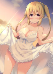 Rule 34 | 1girl, areola slip, blush, breasts, cleavage, clothes lift, collarbone, commentary, commentary request, dress, dress lift, flower, frilled dress, frills, highres, kantai collection, large breasts, light brown hair, long hair, looking at viewer, murasame (kancolle), nightgown, off shoulder, outdoors, purunyara, red eyes, see-through, sidelocks, smile, solo, standing, sunset, tan, tanline, twintails, upper body, very long hair, white dress, white nightgown