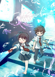 Rule 34 | 1boy, 1girl, :d, abstract, air bubble, bad id, bad pixiv id, barefoot, bow, bowtie, brown hair, bubble, closed eyes, fish bone, flashlight, hetero, highres, holding hands, open mouth, original, outstretched arm, pants, running, sakata kaname, school uniform, shirt, short hair, skirt, smile, stairs, striped bow, striped bowtie, striped clothes, striped neckwear, sweatdrop, twintails