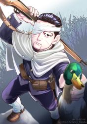 Rule 34 | 1boy, arisaka, bird, black eyes, black hair, blue jacket, blue pants, bolt action, brown footwear, collared jacket, decoy00xx, duck, eyepatch, facial hair, facial scar, feet out of frame, foreshortening, gaiters, goatee, golden kamuy, gun, hair slicked back, hair strand, incoming food, jacket, light smile, long sleeves, male focus, military, military uniform, ogata hyakunosuke, one eye covered, over shoulder, pants, rifle, scar, scar on cheek, scar on face, short hair, solo, stubble, undercut, uniform, weapon, weapon over shoulder, x x