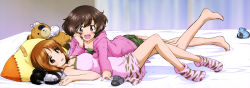 Rule 34 | 10s, 2girls, :d, absurdres, akiyama yukari, barefoot, bed, bed sheet, bedroom, black hair, blush, boko (girls und panzer), brown eyes, brown hair, character name, copyright name, curtains, feet, full body, girls und panzer, hand on own cheek, hand on own face, head rest, headphones, headphones removed, highres, hood, hoodie, indoors, kneepits, logo, long image, looking at viewer, loungewear, lying, military, military vehicle, motor vehicle, multiple girls, nishizumi miho, no shoes, official art, on back, on stomach, open mouth, pillow, poster (medium), room, short hair, shorts, sleeveless, smile, socks, stuffed animal, stuffed toy, sugimoto isao, tank, teddy bear, vehicle, wide image