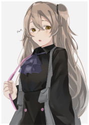 Rule 34 | 1girl, :o, artist name, black shirt, black skirt, brown eyes, feet out of frame, girls&#039; frontline, grey background, hair ornament, hairclip, highres, light brown hair, long hair, looking at viewer, official alternate costume, open mouth, scar, scar across eye, scar on face, shirt, skirt, solo, standing, suspender skirt, suspenders, sutekina awa, twintails, ump45 (agent lop rabbit) (girls&#039; frontline), ump45 (girls&#039; frontline), upper body
