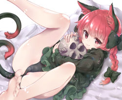 Rule 34 | 1girl, :3, animal ear fluff, animal ears, barefoot, black panties, bow, cat ears, cat tail, closed mouth, dress, feet, green bow, green dress, hair bow, holding, kaenbyou rin, legs up, long hair, looking at viewer, lying, multiple tails, on back, panties, rabittofaa, red eyes, red hair, skull, smile, solo, tail, toes, touhou, two tails, underwear