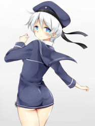 Rule 34 | 10s, 1girl, ass, blue eyes, clothes writing, hat, kantai collection, long sleeves, military hat, natsu (natume0504), personification, school uniform, short hair, silver hair, smile, solo, white background, z1 leberecht maass (kancolle)