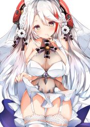 Rule 34 | 1girl, alternate costume, azur lane, bare shoulders, blush, breasts, bridal gauntlets, bridal veil, choker, clothes lift, collarbone, commentary, cowboy shot, dress, dress lift, finger to mouth, flower, garter straps, gloves, groin, hair between eyes, hair flower, hair ornament, head tilt, headgear, highres, large breasts, lifting own clothes, long hair, looking at viewer, mole, mole on breast, multicolored hair, mutou mame, parted lips, prinz eugen (azur lane), red hair, see-through, sidelocks, silver hair, skindentation, smile, solo, streaked hair, swept bangs, thighhighs, thighs, two side up, veil, very long hair, wedding dress, white dress, white gloves, white thighhighs