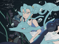 Rule 34 | 1girl, air bubble, alternate costume, aqua eyes, aqua hair, barefoot, blue one-piece swimsuit, bubble, clair (pokemon), commentary request, creatures (company), dratini, earrings, eyelashes, game freak, gen 1 pokemon, gen 2 pokemon, gym leader, hair between eyes, hair tie, holding, holding pokemon, jewelry, kingdra, long hair, nibo (att 130), nintendo, one-piece swimsuit, pokemon, pokemon (creature), pokemon hgss, ponytail, riding, riding pokemon, swimsuit, translation request, underwater