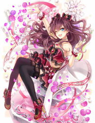 Rule 34 | 10s, 1girl, ankle ribbon, bare shoulders, black thighhighs, blue eyes, brown hair, crop top, detached sleeves, earrings, full body, garter straps, hagiwara rin, hair ribbon, happy birthday, high heels, ichinose shiki, idolmaster, idolmaster cinderella girls, jewelry, lace, lace-trimmed legwear, lace trim, leg ribbon, long hair, looking at viewer, midriff, miniskirt, navel, necklace, one eye closed, open mouth, pendant, petals, ribbon, skirt, smile, solo, thighhighs, two side up, very long hair, wavy hair, wide sleeves, wrist cuffs, zettai ryouiki