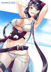 Rule 34 | 1girl, absurdres, armpits, arms behind head, arms up, bare shoulders, beads, belt, bikini, blue eyes, blue sky, blush, breasts, collarbone, fate/grand order, fate (series), floral print, flower, goggles, goggles on head, hair flower, hair ornament, highres, katsushika hokusai (fate), katsushika hokusai (swimsuit saber) (fate), looking at viewer, medium breasts, navel, obi, open mouth, purple hair, sash, short hair, short hair with long locks, sidelocks, sky, smile, solo, swimsuit, thigh strap, thighs, tnolize, white bikini