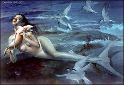 Rule 34 | 1girl, animal, armlet, bird, blood, blood on face, breasts, chain, eating, fish, full body, jewelry, looking at viewer, lying, medium breasts, mermaid, messy hair, mole, mole under mouth, monster girl, nipples, nude, on side, outdoors, realistic, ring, seagull, solo, sorayama hajime, water, waves
