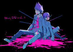 Rule 34 | 10s, 2boys, back-to-back, bad end, black background, black hair, blood, blood from mouth, blood on face, blood splatter, blood stain, blood on clothes, blood on hands, danganronpa (series), english text, closed eyes, facial hair, goatee, hamadaichi, impaled, jacket, looking at viewer, male focus, momota kaito, multiple boys, danganronpa v3: killing harmony, oma kokichi, pants, pink blood, purple hair, school uniform, slippers, smile, spiked hair, spoilers