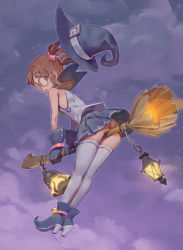 Rule 34 | 1girl, :o, ankle boots, ass, bad id, bad pixiv id, bare shoulders, bell, blue footwear, blue gloves, blue skirt, boots, broom, broom riding, brown eyes, brown hair, buckle, clothes lift, cloud, cloudy sky, flat ass, flat chest, flying, footwear ribbon, from side, full body, glasses, gloves, glowing, grey sky, hair ornament, hair scrunchie, hat, unworn hat, unworn headwear, high heel boots, high heels, highres, lantern, legs together, looking at viewer, looking to the side, midriff, night, night sky, original, outdoors, panties, pantyshot, pleated skirt, round eyewear, scrunchie, shirt, shoes, short hair, short twintails, sidelocks, skirt, skirt lift, sky, sleeveless, sleeveless shirt, solo, star (sky), starry sky, thighhighs, timbougami, twintails, underwear, upshirt, white panties, white thighhighs, wind, wind lift, witch, witch hat, zettai ryouiki