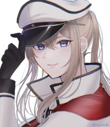 Rule 34 | 1girl, ayuko91, black gloves, blonde hair, capelet, closed mouth, gloves, graf zeppelin (kancolle), hair between eyes, hat, highres, kantai collection, long hair, long sleeves, peaked cap, portrait, purple eyes, simple background, solo, white background, white hat