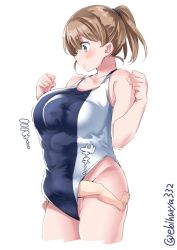Rule 34 | 1boy, 1girl, alternate costume, blue eyes, blush, breasts, brown hair, closed mouth, competition swimsuit, ebifurya, highres, intrepid (kancolle), kantai collection, large breasts, one-piece swimsuit, ponytail, short hair, simple background, swimsuit, twitter username, white background