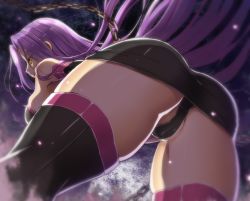 Rule 34 | 1girl, ass, ayuteisyoku, bare shoulders, black dress, black panties, black thighhighs, breasts, cameltoe, chain, detached sleeves, dress, fate/stay night, fate (series), from behind, from below, large breasts, leaning forward, light particles, long hair, medusa (fate), medusa (rider) (fate), panties, partially visible vulva, purple hair, revision, solo, thighhighs, underwear, upskirt, very long hair, weapon, yellow eyes
