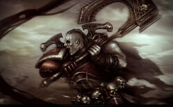 Rule 34 | 1boy, adeptus astartes, armor, axe, bald, battle, battle axe, blurry, blurry background, bone, breastplate, butchers nails, cable, cape, chain, chain axe, chaos (warhammer), chaos space marine, from side, gauntlets, holding, holding axe, kharn, khorne, leg armor, muscular, muscular male, outdoors, pauldrons, running, scar, scar on face, screaming, sharp teeth, shoulder armor, shouting, single bare arm, single pauldron, skull, solo, teeth, thigh armor, torn cape, torn clothes, veronica anrathi, warhammer 40k, weapon, world eaters