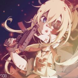 Rule 34 | 1girl, 7:08, artist name, black gloves, blonde hair, blood, blood on clothes, blood on face, blue eyes, closed mouth, eyepatch, girls&#039; frontline, gloves, gun, hair between eyes, highres, holding, holding gun, holding weapon, long hair, looking at viewer, simple background, skorpion (girls&#039; frontline), smile, solo, submachine gun, tongue, upper body, weapon