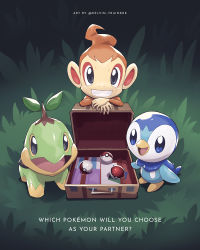 Rule 34 | blue eyes, briefcase, chimchar, commentary, creatures (company), english commentary, english text, game freak, gen 4 pokemon, grass, grey eyes, grin, highres, kelvin-trainerk, nintendo, no humans, open mouth, own hands together, piplup, poke ball, poke ball (basic), pokemon, pokemon (creature), smile, standing, starter pokemon trio, teeth, tongue, turtwig, twitter username