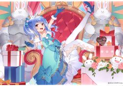 Rule 34 | 1girl, absurdres, animal ears, arm up, armor, blue dress, blue hair, box, dress, flat chest, flower, full body, fur trim, gift, gift box, gloves, high heels, highres, hololive, jewelry, long hair, looking at viewer, multicolored hair, necklace, pekomon (usada pekora), open mouth, orange hair, pom pom (clothes), rabbit ears, ribbon, scan, shoes, simple background, sitting, smile, thighhighs, throne, twintails, two-tone hair, usada pekora, virtual youtuber, white hair, yuuki hagure