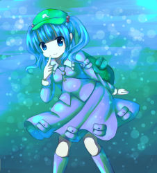 Rule 34 | 1girl, backpack, bag, blue eyes, blue hair, boots, bubble, finger to face, hair bobbles, hair ornament, hat, highres, kawashiro nitori, key, long sleeves, looking at viewer, matching hair/eyes, mugi (ttkttc), rubber boots, short hair, skirt, skirt set, smile, solo, touhou, twintails, two side up, underwater