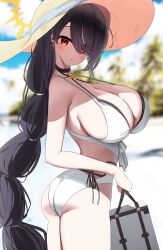 Rule 34 | 1girl, absurdly long hair, absurdres, arched back, bikini, black hair, blue archive, breasts, earrings, halo, hat, highres, hinata (blue archive), huge breasts, jewelry, long hair, looking at viewer, nicorima, red eyes, sideboob, solo, sun hat, swimsuit, thighs, very long hair, yellow halo